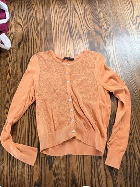 Peruvian Connection Peach Crochet-Front Button Cardigan medium